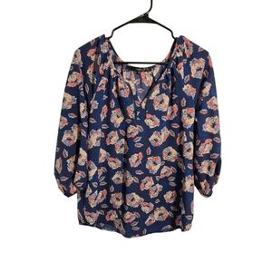 Blue sheer floral 3/4 sleeve Fun 2 Fun Cottage foreclose, top, shirt sz. L